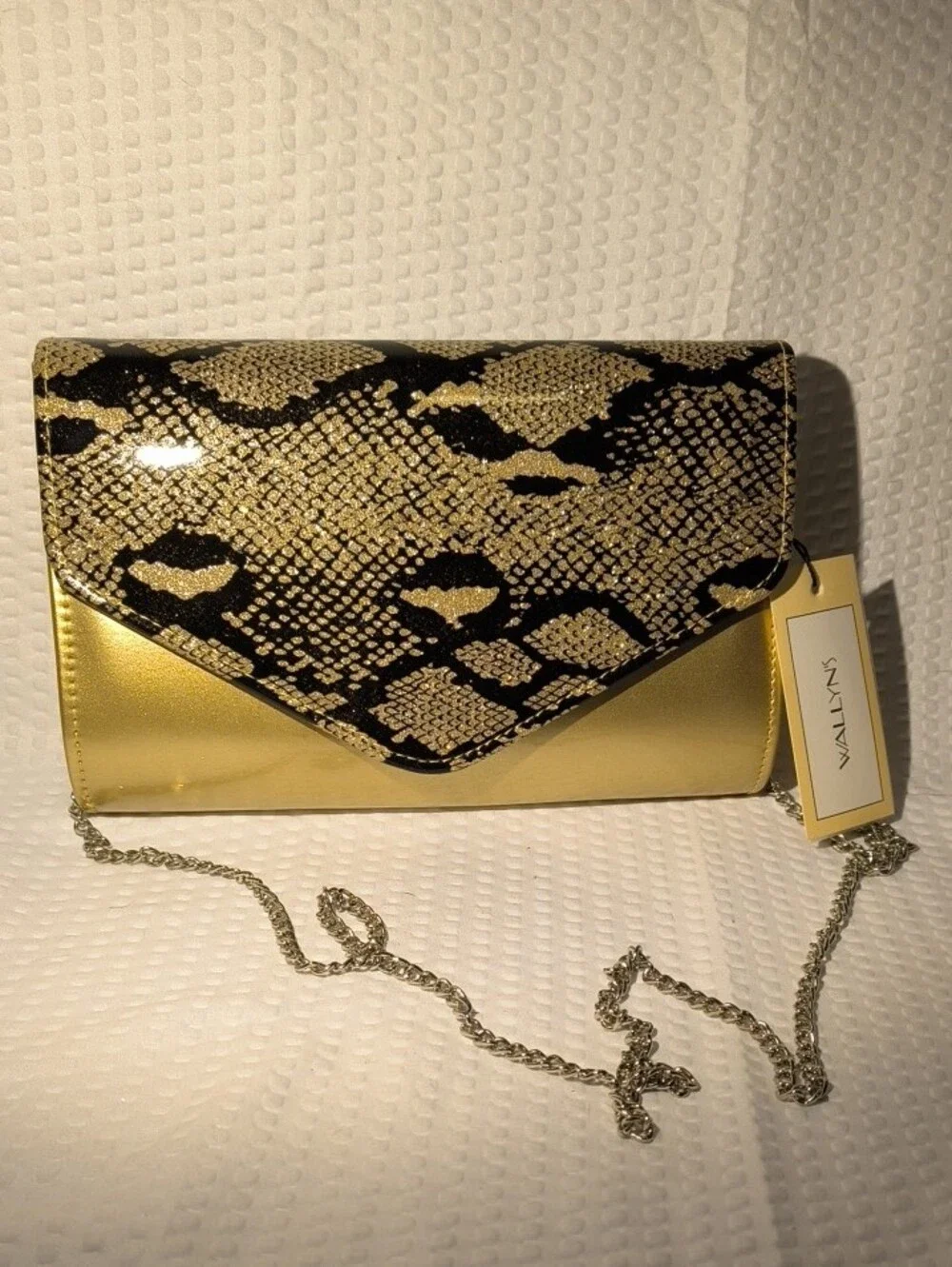 WALLYN'S Metallic Gold & Snake Print Envelope Convertible Bag. & Dustbag